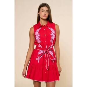 NEW LALAVON jovie embroidery collared mini dress in red